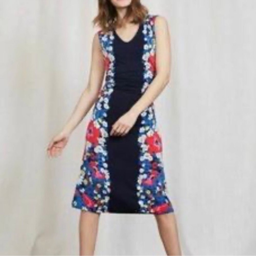 ๐ Boden v neck sleeveless jersey stretch w/ rouging daisy flower midi dress 16. - Picture 2 of 7